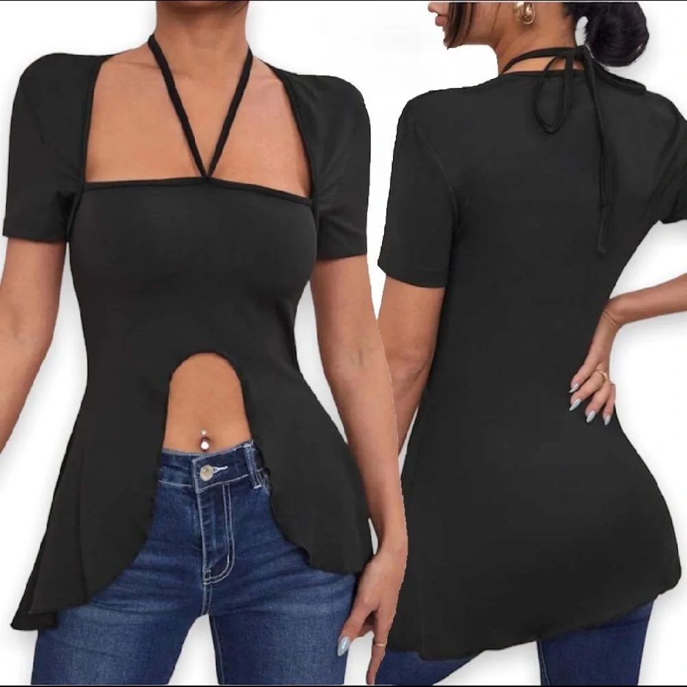 New Sexy Black Plain Asymmetrical Hem Tie Back Halter Short Sleeve Top - Picture 4 of 13